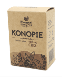 Brązowe, ekologiczne opakowanie suplementu diety marki Kombinat Konopny. Na froncie widnieje duży napis „KONOPIE”, a poniżej informacja o zawartości 1000 mg CBD i 100 kapsułkach. Grafika roślinna na dole nawiązuje do naturalnego pochodzenia składników.