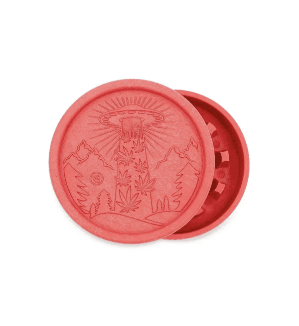 Okrągły, dwuczęściowy młynek do suszu z włókna konopnego z dekoracyjnym wzorem 3D na górze, średnica 55 mm.