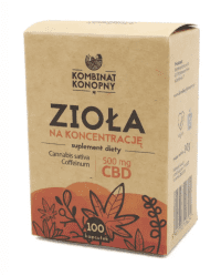Opakowanie suplementu diety Zioła na koncentrację Kombinat Konopny – 500 mg CBD, 100 kapsułek, brązowe pudełko z czerwono-pomarańczową grafiką liści.