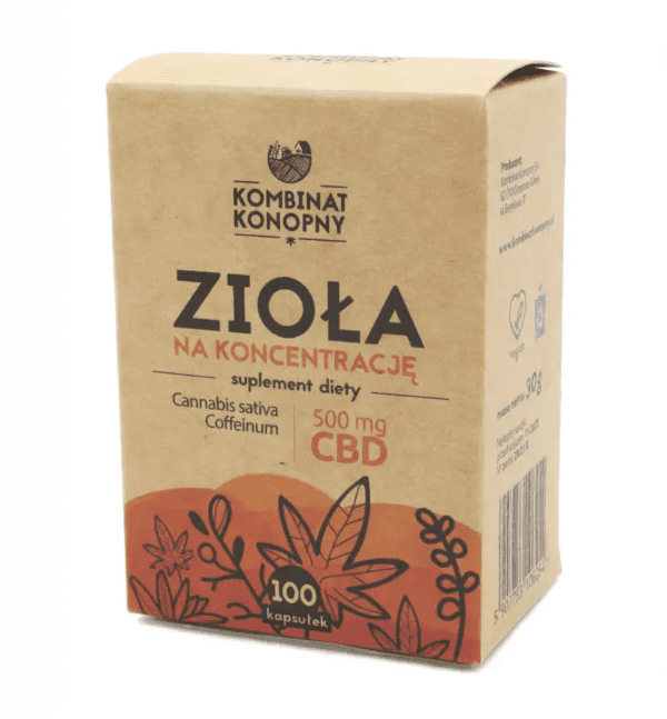 Opakowanie suplementu diety Zioła na koncentrację Kombinat Konopny – 500 mg CBD, 100 kapsułek, brązowe pudełko z czerwono-pomarańczową grafiką liści.