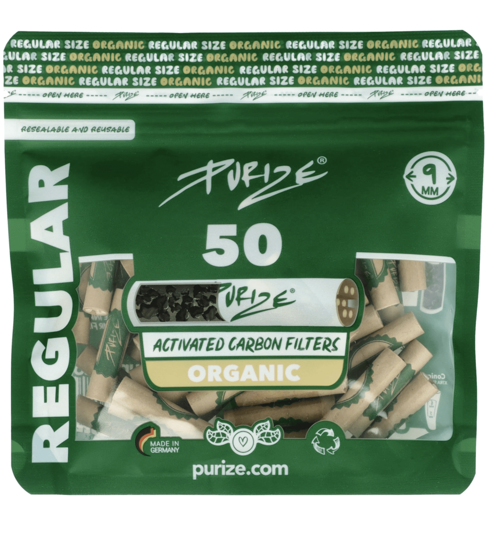 Zielone opakowanie filtrów Purize Organic Regular zawierające 50 sztuk, z widocznymi informacjami o produkcie i grafiką przedstawiającą przekrój filtra z aktywnym węglem.