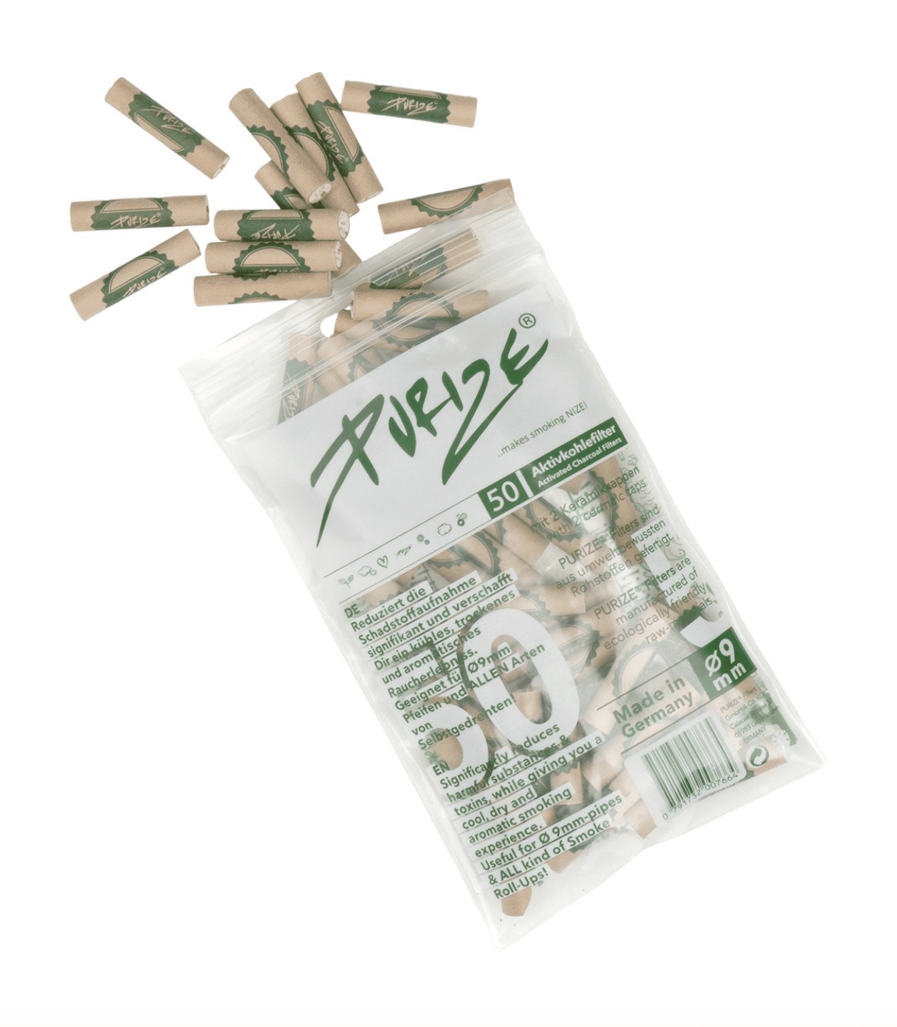 Zbliżenie na filtry węglowe Purize Organic Regular w kolorze naturalnym, z widocznym zielonym logo, częściowo rozsypane obok przezroczystego woreczka z napisem „50”.