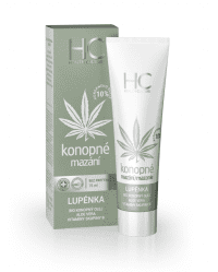 Maść konopna HC na łuszczycę w tubce 75 ml, oparta na bio oleju konopnym, aloesie i witaminach B. Opakowanie zielono-białe z grafiką liścia konopi.