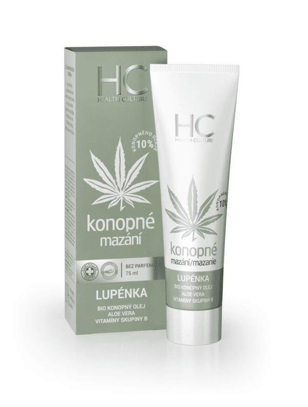 Maść konopna HC na łuszczycę w tubce 75 ml, oparta na bio oleju konopnym, aloesie i witaminach B. Opakowanie zielono-białe z grafiką liścia konopi.