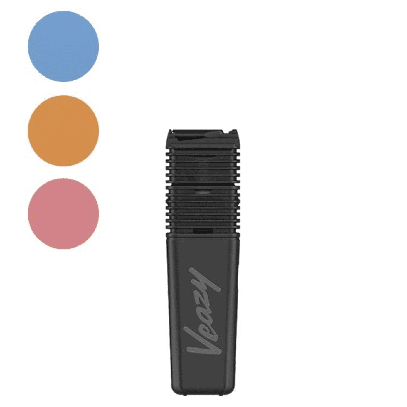 Waporyzator Storz & Bickel VEAZY – czarny model z widoczną ceramiczną komorą, portem ładowania USB-C i podświetlanym przyciskiem. Na innych zdjęciach pokazane są wnętrze urządzenia, różne kolory (czarny, pomarańczowy, niebieski, różowy) oraz aplikacja mobilna do kontroli temperatury.