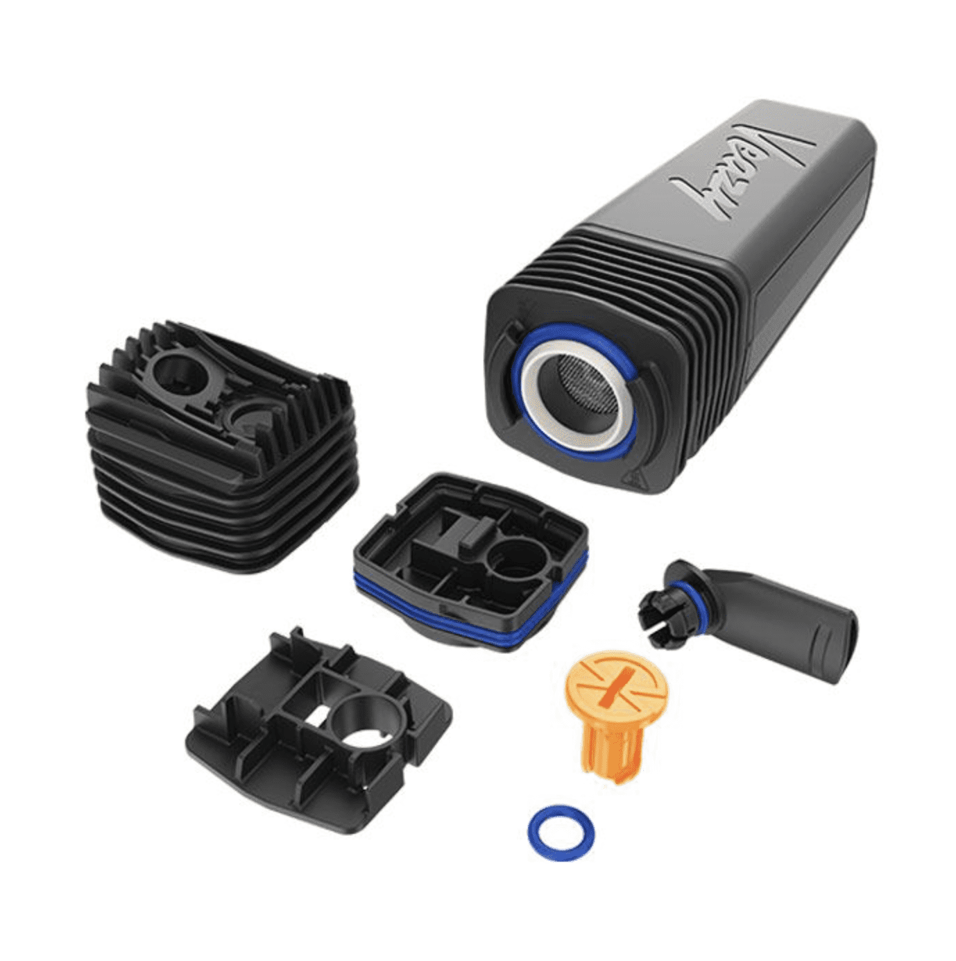 Waporyzator Storz & Bickel VEAZY – czarny model z widoczną ceramiczną komorą, portem ładowania USB-C i podświetlanym przyciskiem. Na innych zdjęciach pokazane są wnętrze urządzenia, różne kolory (czarny, pomarańczowy, niebieski, różowy) oraz aplikacja mobilna do kontroli temperatury.