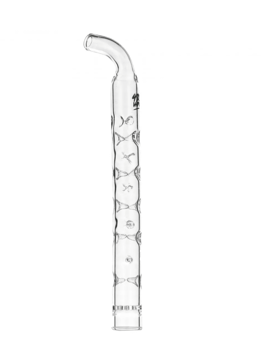 Zakrzywiony szklany ustnik 3D w przezroczystym kolorze, widok z boku.