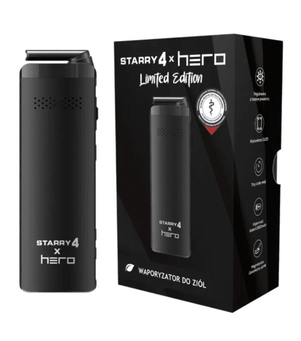Waporyzator Starry 4 x HERO obok czarnego pudełka edycji limitowanej.
