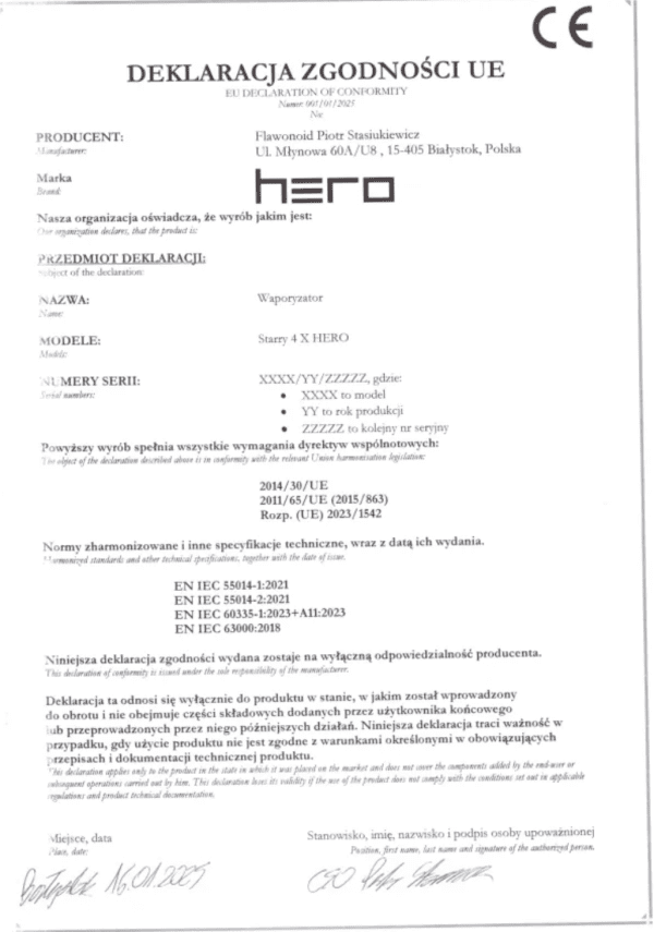 Deklaracja zgodności UE dla waporyzatora Starry 4 X HERO – producent HERO Polska.