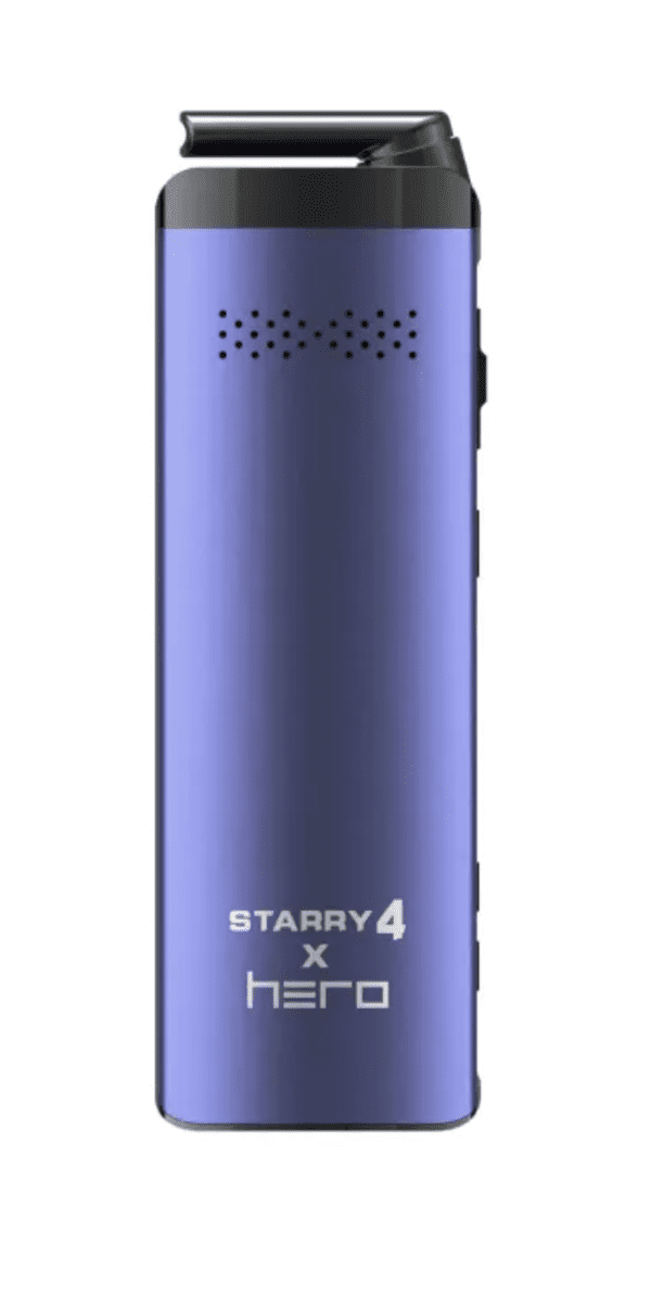 Fioletowy waporyzator X-Max Starry 4.0 x HERO z czarnym ustnikiem i logo HERO.