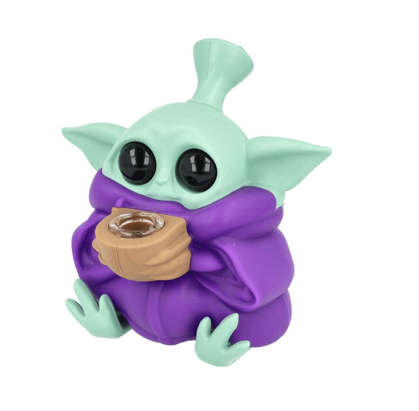 Pełny widok bonga Baby Yoda w kolorze fioletowym z widocznym szklanym cybuchem.